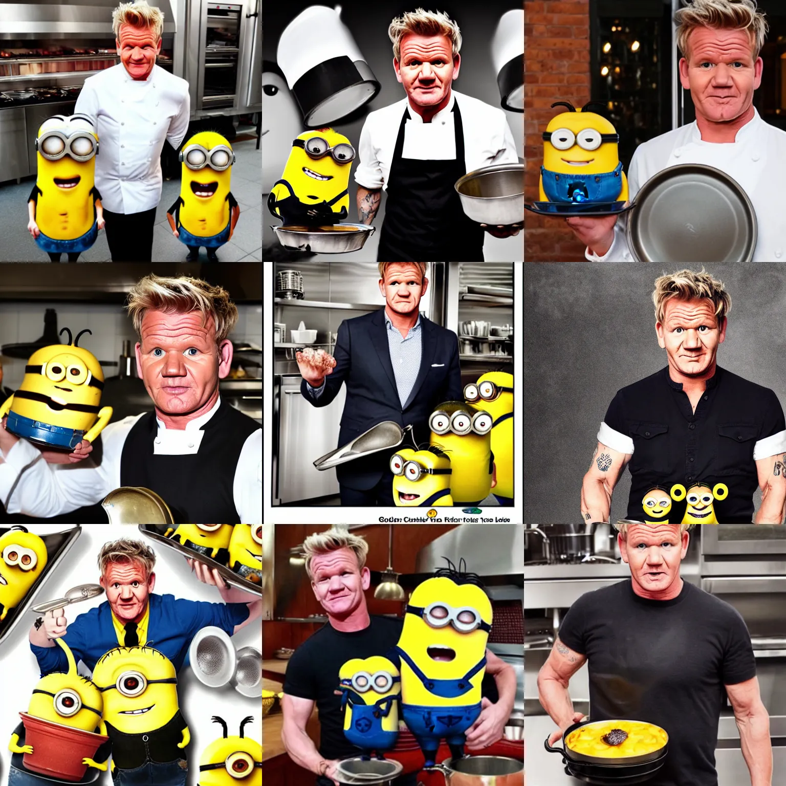 Prompt: Gordon Ramsay holding a pan with minions, highly detailed