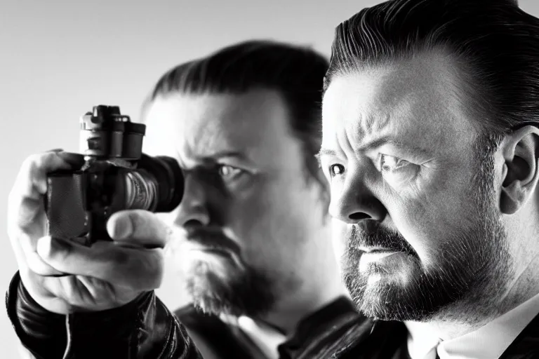 Image similar to an 8 5 mm portrait of ricky gervais as a 1 7 0 0's gangster by gustave baumann, lomography lady grey, ultra realistic, beautiful lighting, dramatic, noise, aron demetz, film