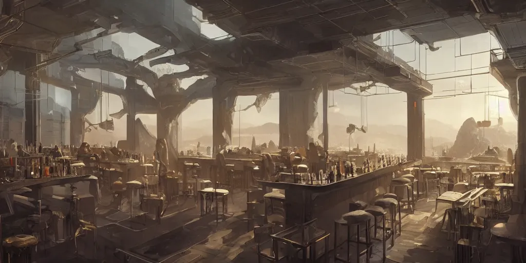 Prompt: science-fiction bar, evening, jazzy, big patio door, luxury, interior design, matte painting, RAPHAEL LACOSTE, greg rutkowski, james gurney, artstation