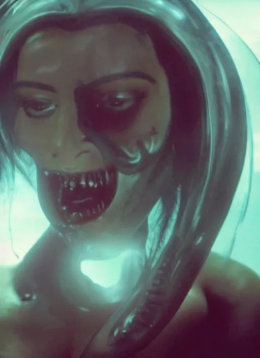 Image similar to film still of kim kardashian being ingested by an xenomorph, alien goo, transparent goo, transparent liquid, saliva, 8 k