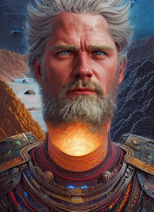 Image similar to portrait of god of thunder, hyper detailed masterpiece, mountain background, jean giraud, digital art painting, epic aesthetic, norse, artgerm, donato giancola and tom bagshaw