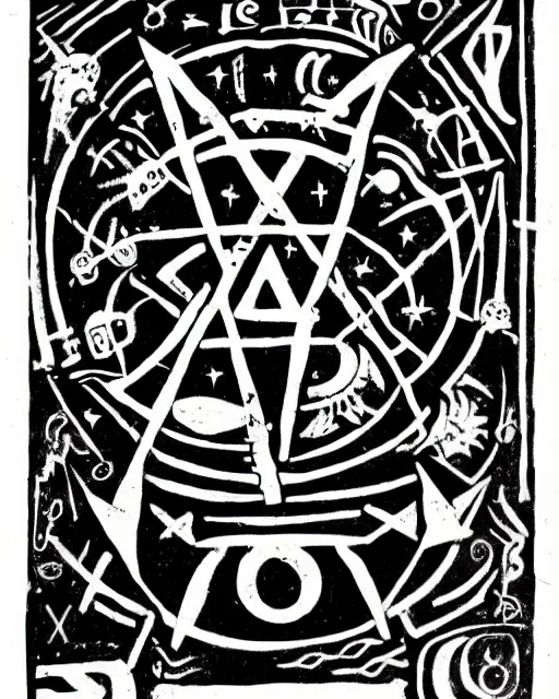 Image similar to alien alchemical alphabet with many symbols and even spaces between each one, stamped in black ink on off white paper, set type