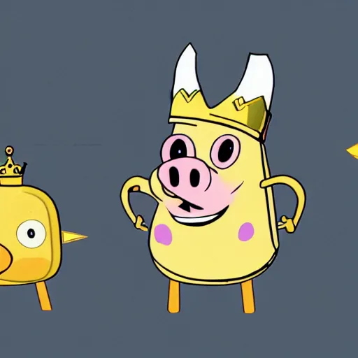 Image similar to concept sketches of a pig wearing a gold crown in the style of spongebob