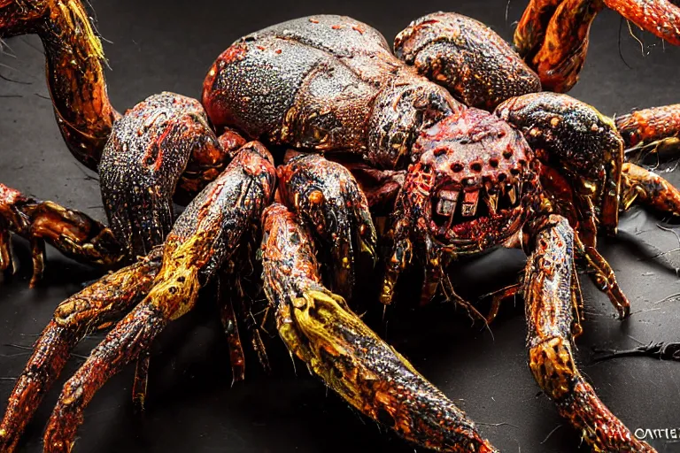 Prompt: photo taken of an epic intricate, ultra detailed, super realistic gritty, hero prop, exquisitely painted animatronic movie prop of a wet slimy grotesque nightmarish hellish mutant arachnoid creature displayed in the workshop, created by weta workshop, full body shot, photorealistic, sharp focus