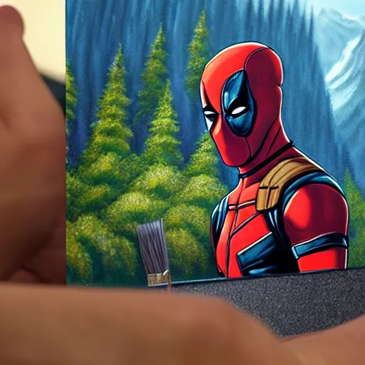 Image similar to a closeup photorealistic photograph of bob ross working on a canvas painting of deadpool. film still. brightly lit scene. mountains and trees. this 4 k hd image is trending on artstation, featured on behance, well - rendered, extra crisp, features intricate detail, epic composition and the style of unreal engine.