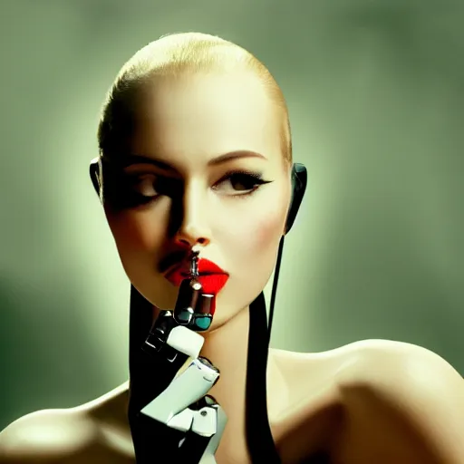 Prompt: beautiful portrait of a sultry female robot smoking a cigarette, film noir