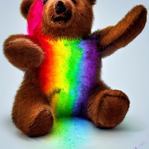 Image similar to teddy bear vomiting rainbow, photorealistic