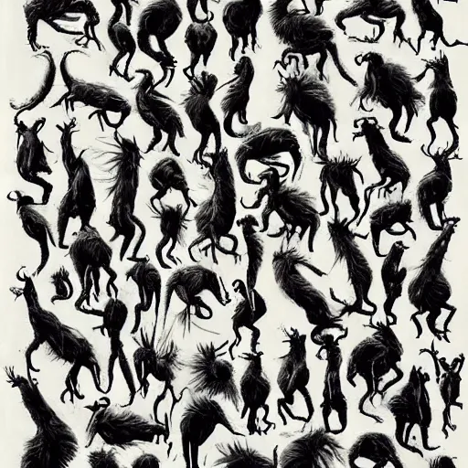 Image similar to by roa abstract illusionism. a beautiful photograph of a group of creatures that looks like a mix of different animals. most of the creatures have human - like features, such as arms & legs, & some are standing upright while others are crawling or flying.