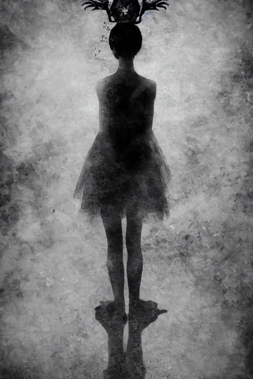 Prompt: dark ballerina, emil melmoth, concept art, deviantart, dark, 3 5 mm, chiaroscuro, surrealist, victorian, mist, rain, dark, on an empty stage from above, symmetrical face