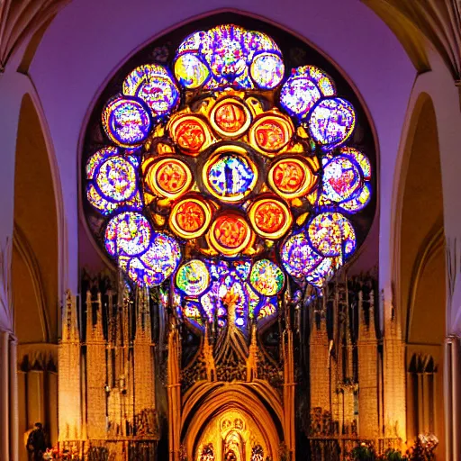 Image similar to a dramatically lit cathedral with candles and god rays, made of fruit and vegetables. The rose window is made from a giant orange slice.