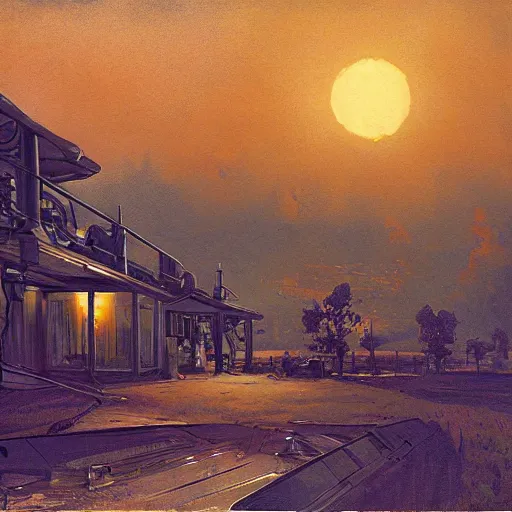 Image similar to painting of syd mead artlilery scifi motel with ornate metal work lands on a farm, fossil ornaments, volumetric lights, purple sun, andreas achenbach