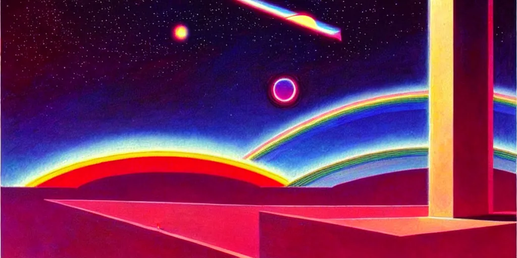 Image similar to time + space + reality, 🌈👾🌌, art deco, moebius, cinematic lighting, beautiful, elegant, oil painting,