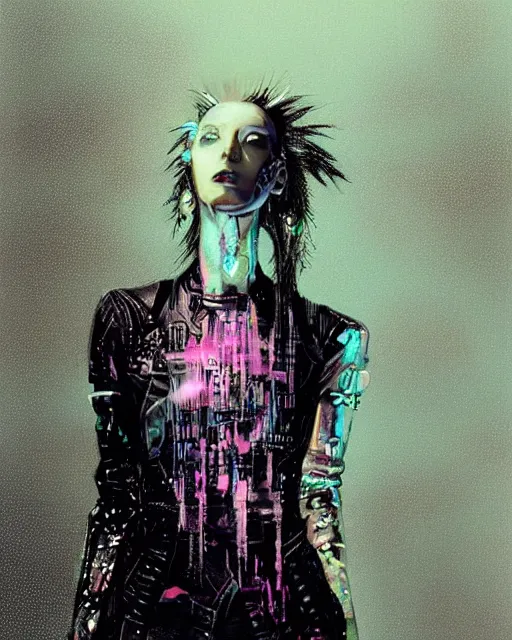 Image similar to portrait of Punk girl, standing hair line, chains, pierced, tattoed Sheen Holographic Futuristic sci-fi fashion cyberpunk, (neotokyo), synthwave, (aesthetics), futuristic, bladerunner movie scene by ismail inceoglu dragan bibin hans thoma greg rutkowski Alexandros Pyromallis Nekro Rene Margitte illustrated Perfect face, fine details, realistic shaded, fine-face, pretty face ((sharp chine))