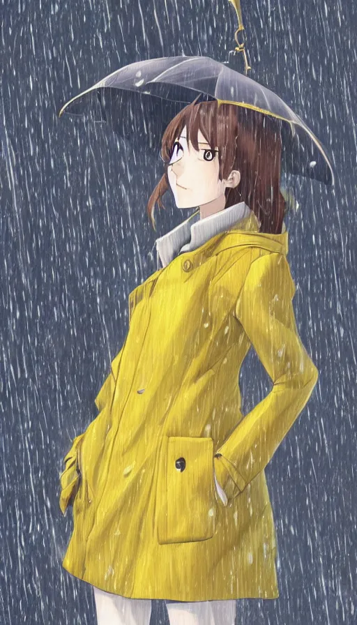 Image similar to girl in a yellow coat standing in the rain holding a small pocket watch, thick outlines, pale colors, digital art, hard edges, detailed, dynamic pose, character design, fisheye perspective, above angle, artwork by makoto shinkai, very coherent asymmetrical artwork, matte painting, sharp edges, perfect face, simple form