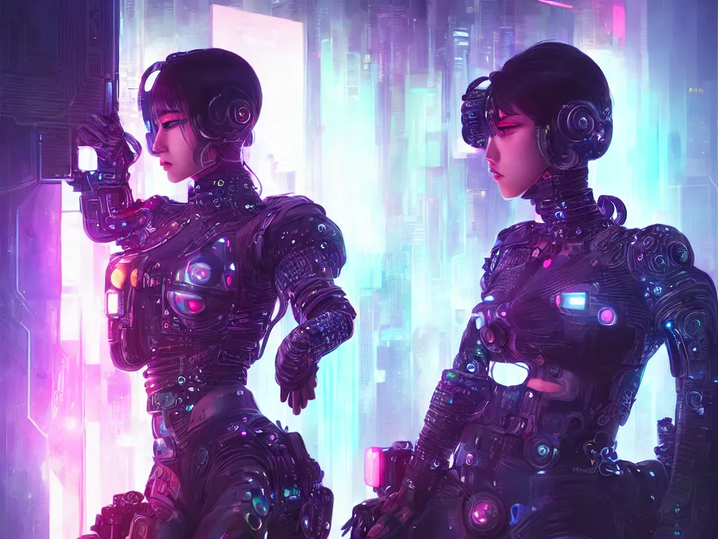 Prompt: portrait futuristic female cyber warrior, on cyberpunk neon light tokyo rooftop, ssci - fi and fantasy, intricate and very beautiful, highly detailed and digital painting, concept art, smooth, illustration, art by l taekwon kim / a - rang style, luxearte and rossdraws and liya nikorov and rongzhen luo