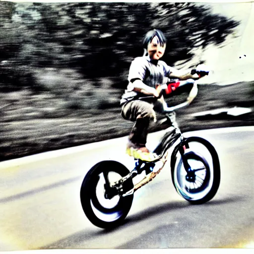 Image similar to Polaroid of Don Johnson doing a stoppie on his mongoose BMX with skyway mag wheels