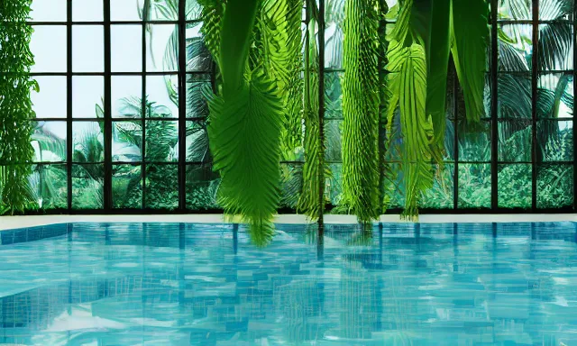 Image similar to 3d render of indoor pool with ferns and palm trees, pool tubes, chromatic abberation, depth of field, 80s photo