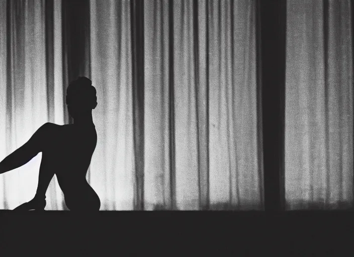 Prompt: a 3 5 mm photo from the back of a ballet dancer in the spotlight on stage in silhouette in the 1 9 6 0 s, bokeh, canon 5 0 mm, cinematic lighting, dramatic, film, photography, golden hour, depth of field, award - winning, 3 5 mm film grain