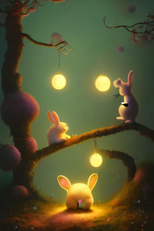 Image similar to a surreal Bioluminescent, very very very cute bunny in a happy world by Daniel Merriam, Trending on Artstation, oil on Canvas by Elena Zhurikhina and Goro Fujita and Charlie Bowater, octane render, 4k, 8k, HD