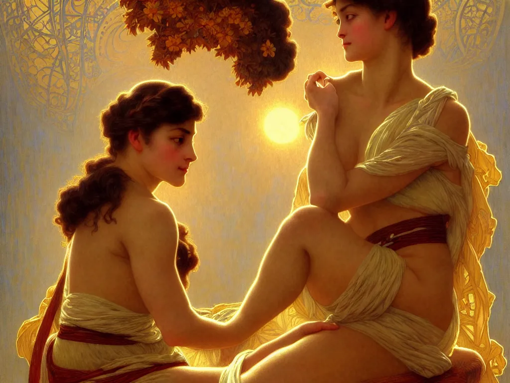 Image similar to ! dream long shot of big sun with a beautiful girl sitting, intricate, elegant, highly detailed, 1 9 2 0's style speakeasy, digital painting, artstation, concept art, smooth, sharp focus, illustration, art by artgerm and greg rutkowski and alphonse mucha and william - adolphe bouguereau,