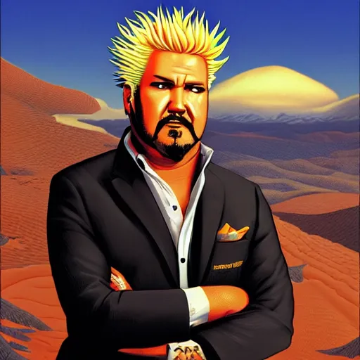 Prompt: Guy Fieri in a suit landscape by Casey Weldon, Maciej Kuciara, 8k ultra high definition, upscaled, perfect composition , golden ratio, image credit nat geo