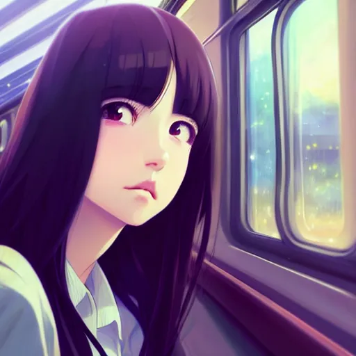 Image similar to a beautiful girl with long dark hair, sitting alone inside of a train, sharp focus, intricate, digital painting, artstation, official media, anime key visual, highly detailed, rich vivid colors, ambient lighting, illustration, art by Artgerm, Makoto Shinkai, Ilya Kuvshinov, Lois Van Baarle, and Rossdraws