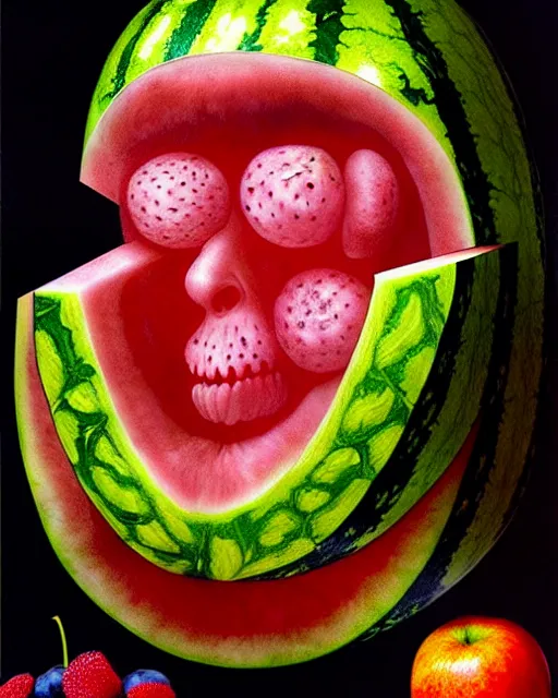 Prompt: interdimensional human watermelon face being made out of fruits, ethereal still life renaissance painting by giuseppe arcimboldo and alex grey