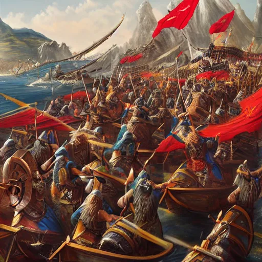 Prompt: an epic painting of vikings invading modern china, realistic, 4 k, 8 k, hyper detailed, oil on canvas, hd,