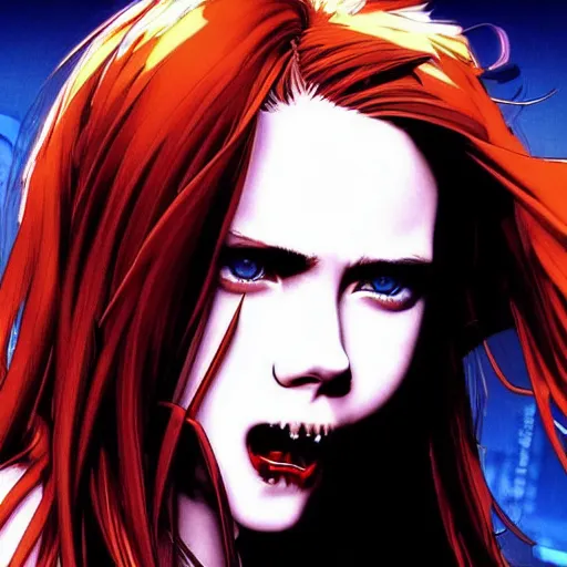 Image similar to style of yoji shinkawa : : gorgeous vampire amy adams : : sharp teeth fangs, open mouth sneer : : symmetrical face, symmetrical eyes : : gorgeous red hair : : magic lighting, low spacial lighting : :