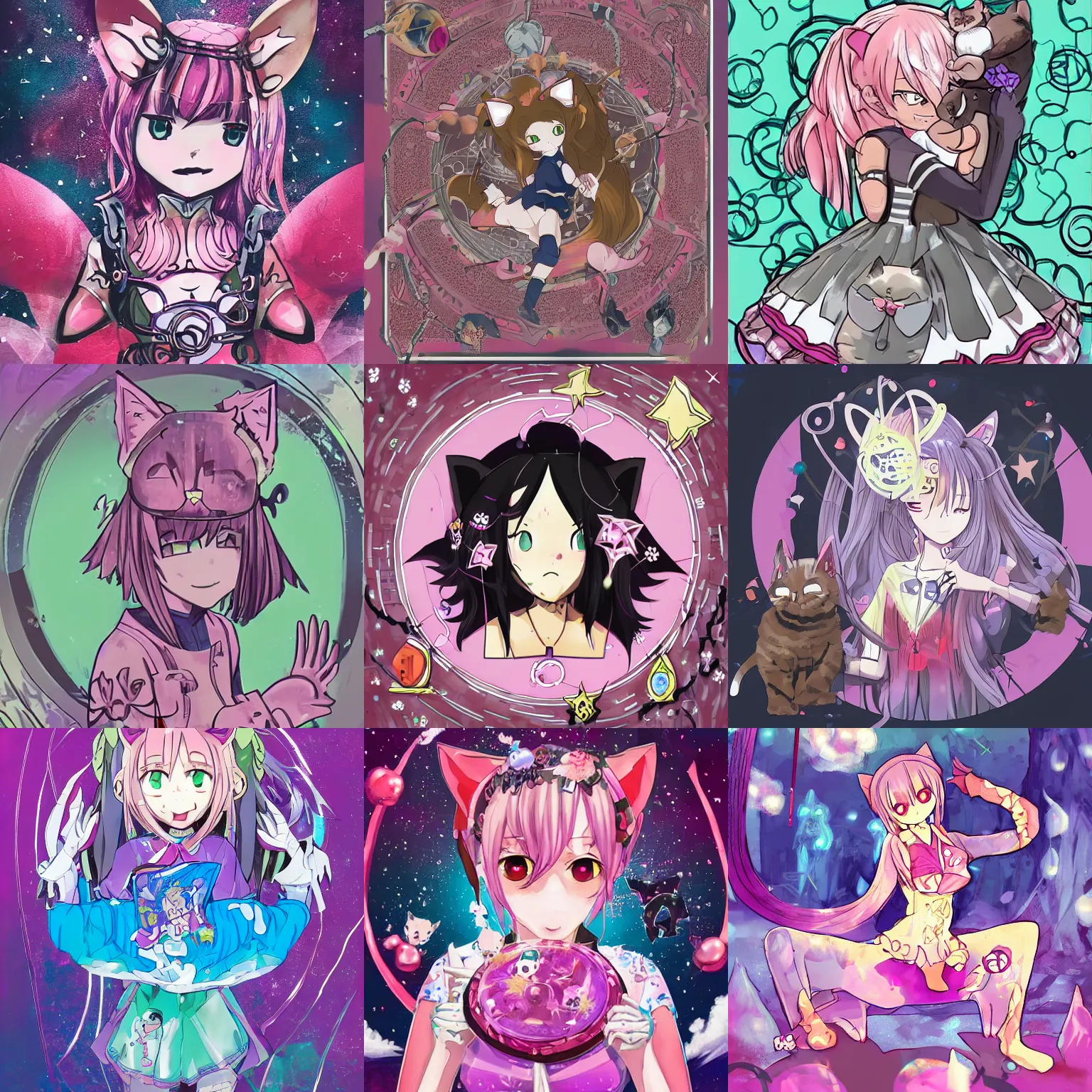 Prompt: card art of anime (cat) girl with cat ears surrounded by magic circles. Pink hue.