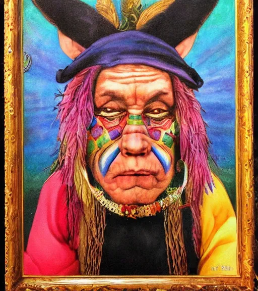 Image similar to Portrait painting in a style of Hieronim Bosch of an old shaman dressed in a colorful traditional clothes. Psychodelic