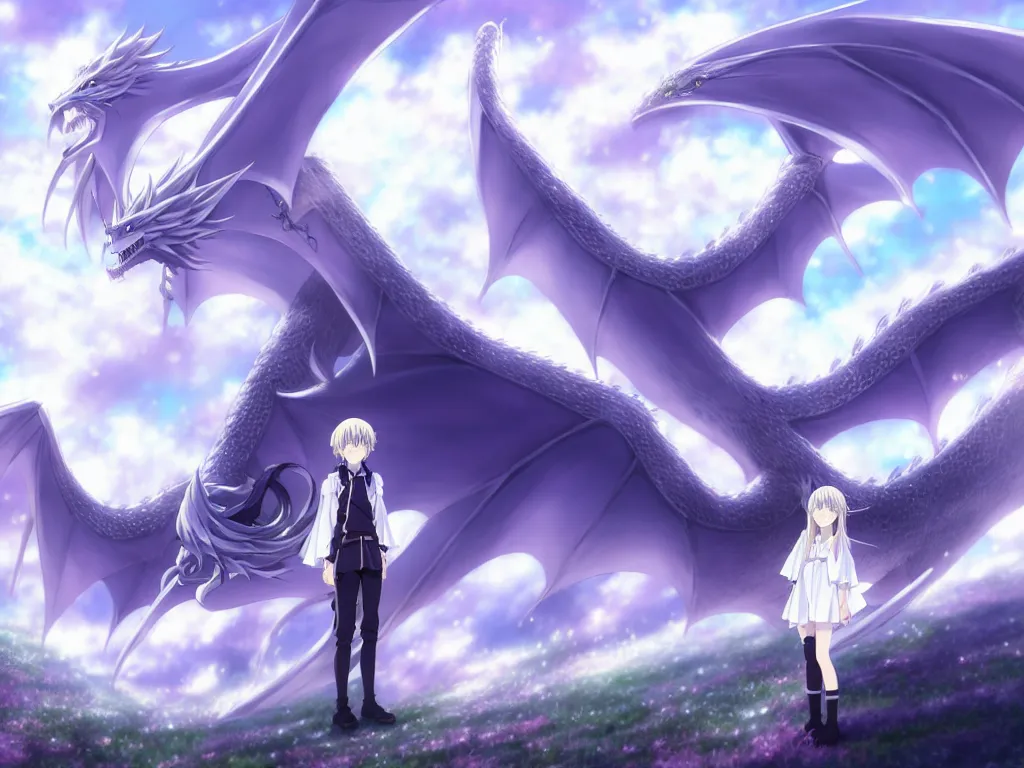 Image similar to anime art full body portrait character concept art, be surrounded by a huge silver white dragon center, in white clouds fairyland, anime key visual of violet evergarden, finely detailed perfect face delicate, raphael lacoste, trending on pixiv fanbox, james jean, violet evergarden, studio ghibli, xision, extremely high quality artwork