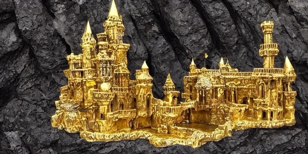 Prompt: ominous ornate obsidian castle with gold filigree on high cliffs with rivers and waterfalls of glowing melted gold. by tom bagshw and by ralph bakshin. power and beauity.