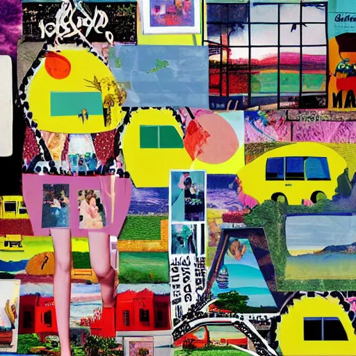 Prompt: a beautiful aesthetic!!! pop art collage! rolling arcadia landscape, made in a magazine clipping collage style, cutout, clippings of a fashion magazine, made by a depressed art student