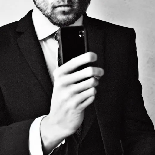 Image similar to man in a black suit, holding a very advance phone, photorealistic, realistic, dramatic, cinematic, cinematic, photography, sci fi