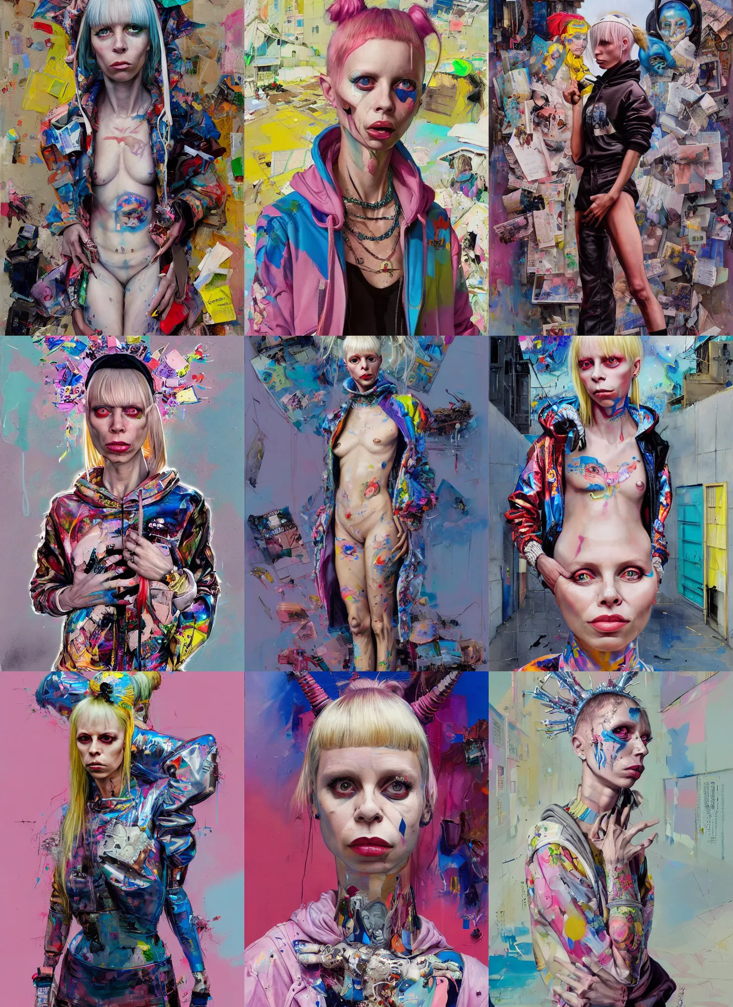 Image similar to yolandi visser in the style of martine johanna and donato giancola, wearing a hoodie, standing in a township street, street fashion outfit,!! haute couture!!, full figure painting by john berkey, david choe, ismail inceoglu, pastel color palette, detailed impasto, 2 4 mm lens