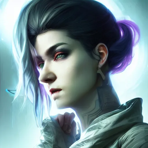 Image similar to cinematic side portrait woman, cyberpunk outfit large cloak, landscape, neon light in the hair, supervillain, undercut hairstyle, dark light night, intricate, elegant, sharp focus, illustration, highly detailed, digital painting, concept art, matte, art by wlop and artgerm and greg rutkowski and alphonse mucha, masterpiece