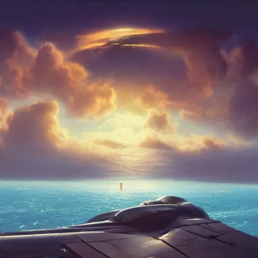 Image similar to beautiful matte painting of a dreamy ocean with clouds, sci - fi, daylight, blue sky, cinematic lighting, cinematic perspective, planet above, syd mead, john harris, federico pelat