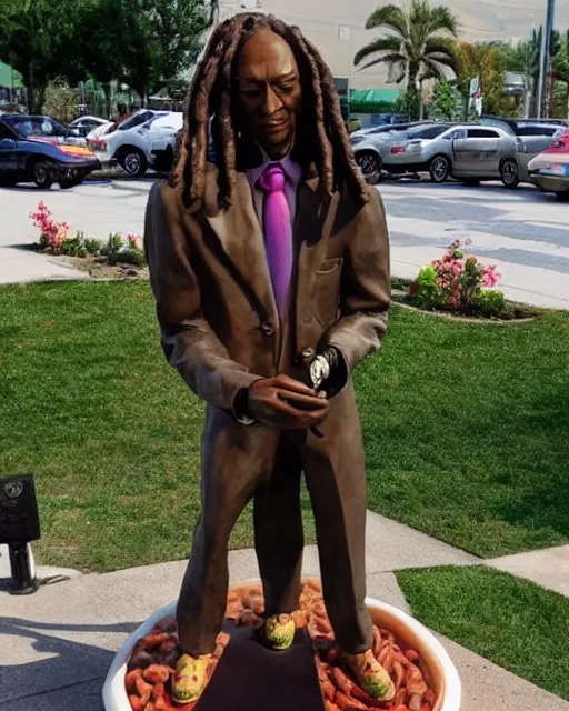 Image similar to sculpture of snoop dogg made of hotdogs