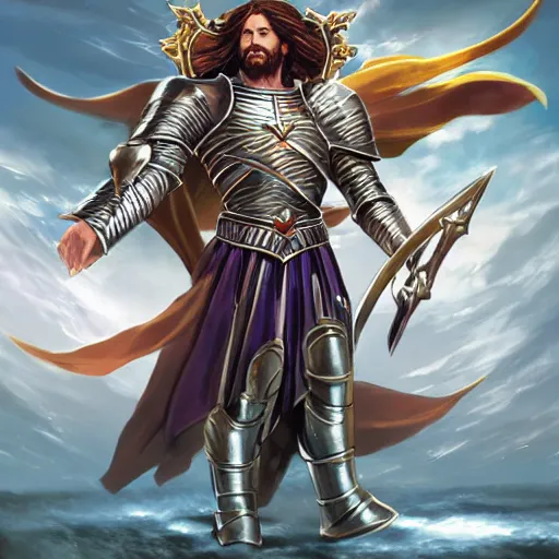 Prompt: Jesus as a knight of zodiac using a the saint seiya Sacred Heart armor, by Stanley Artgerm Lau, WLOP, Rossdraws, James Jean, Andrei Riabovitchev, Marc Simonetti, Yoshitaka Amano, ArtStation, CGSociety,