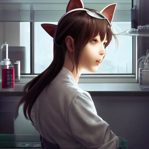 Image similar to girl with cat ears in a biology lab, by WLOP, by Artgerm, by Yoshitaka Amano, by Ilya Kuvshinov, digital art, trending on artstation, beautiful lightning, atmospheric, fantasy