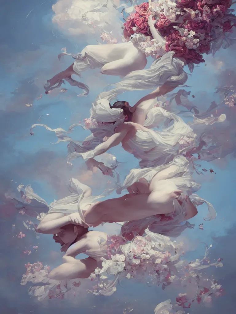 Prompt: a portrait of a body flying through the sky covered in flowers in a dynamic pose, in the style of peter mohrbacher, highly detailed, soft lighting, art nouveau patterns, trending on artstation