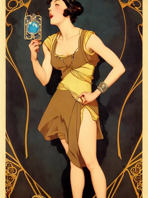 Image similar to korra, a beautiful art nouveau portrait by Gil elvgren, 1920s city environment, centered composition, defined features, golden ratio, gold jewlery, photorealistic professional lighting, cinematic