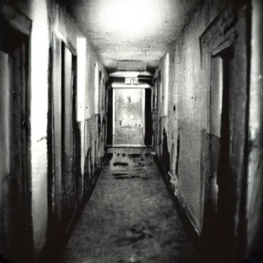 Image similar to a terrifying monster at the end of a hallway, dark!, creepy, nightmare fuel!!!, bones, horror, horrifying, unsettling, uncanny valley!, old polaroid, expired film,