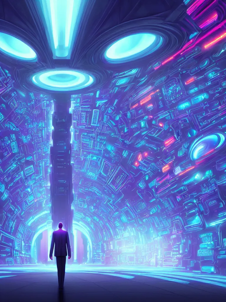 Image similar to entrance to mainframe ethereal realm, ai sentient, octane render, central composition, symmetrical composition, dreamy colorful cyberpunk colors, 6 point perspective, fantasy landscape with anthropomorphic terrain in the styles of igor morski, jim warren and rob gonsalves, intricate, hyperrealistic, volumetric lighting, neon ambiance, distinct horizon