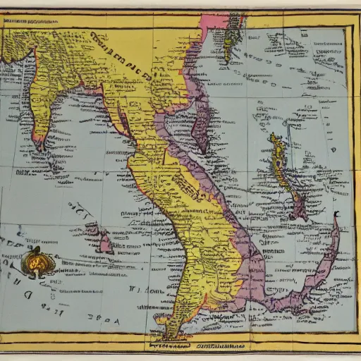 Image similar to map of mainland southeast asia, zoom in burma thailand laos cambodia and vietnam, 1 7 th century, high accuracy, based on geographical map,