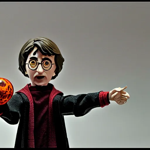 Image similar to a stopmotion puppet of a still of harry potter, vinyl action figure, plastic, toy