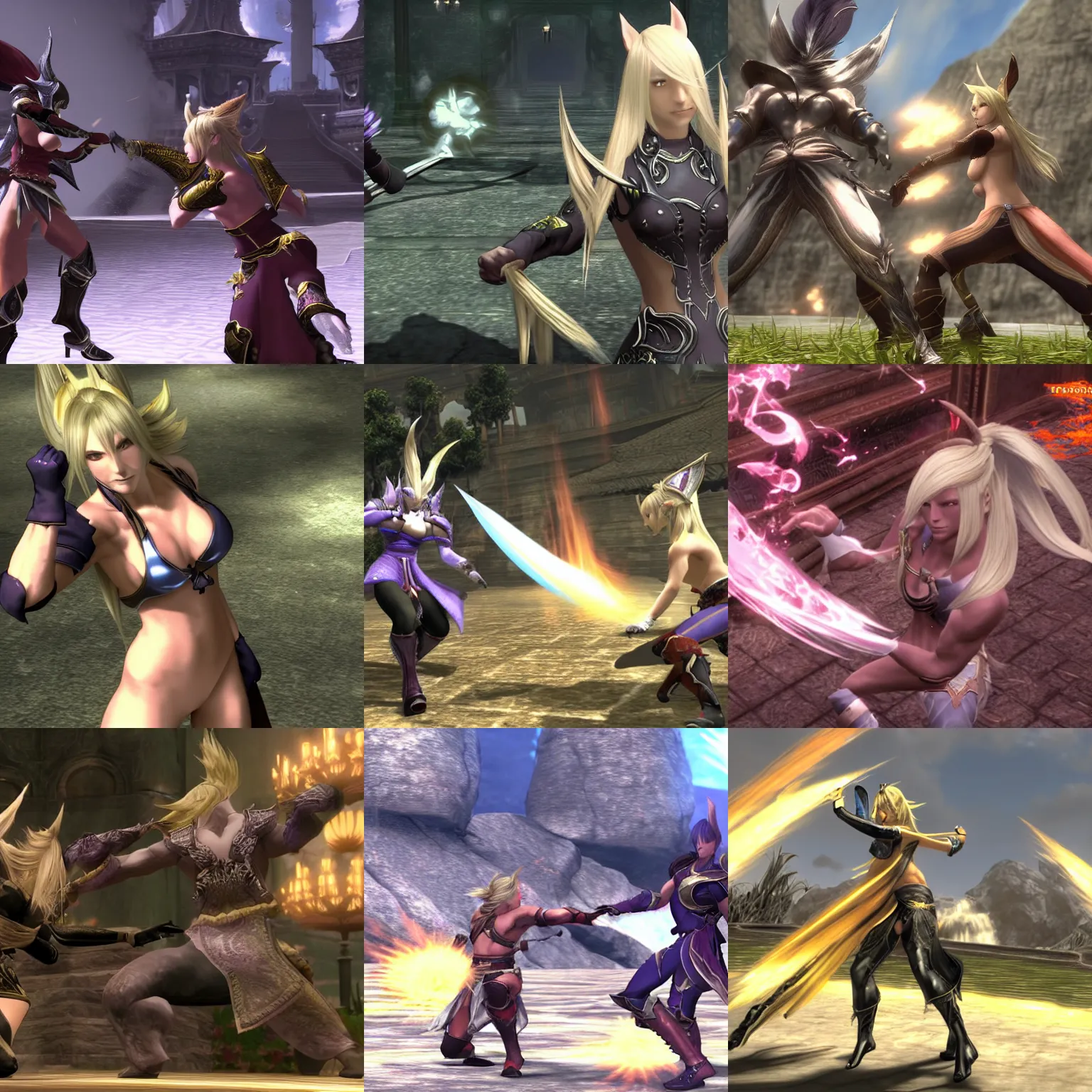 Prompt: Viera from Final Fantasy XIV punching Lord Zenos, videogame screenshot