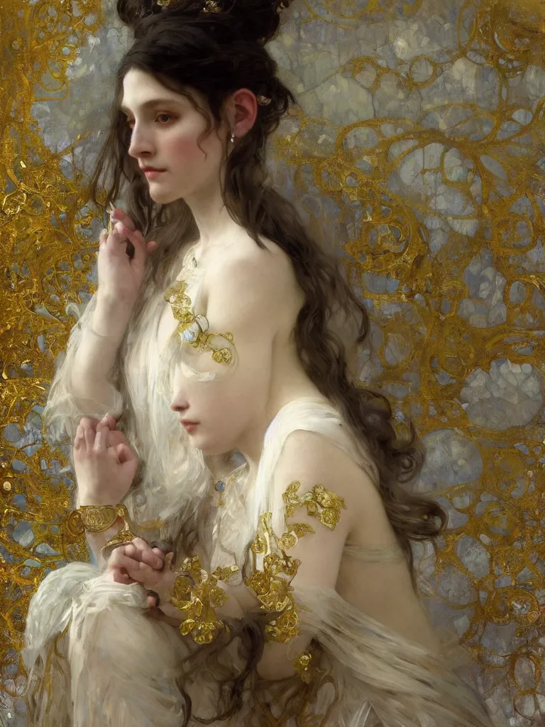 Image similar to a highly detailed beautiful white haired woman, adorned with precious stones and thin gold tendrils, by jeremy mann, by alphonse mucha, by william - adolphe bouguereau, 4 k resolution, trending on artstation, very very detailed, masterpiece, stunning, intricate,