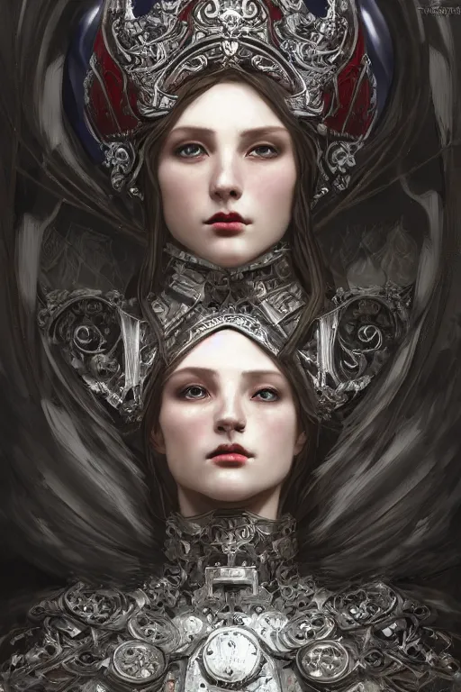 Prompt: beautiful luxury and elite and victorian and holy medieval female red and white silver mirror color armor knight portrait+smoky eyes+light flowing hair, in ruin gothic cathedral, ultradetail face, art and illustration by tian zi and craig mullins and WLOP and alphonse mucha, fantasy, intricate complexity, human structure, fantasy world concept, watermark, blurry, hyperrealism 8k